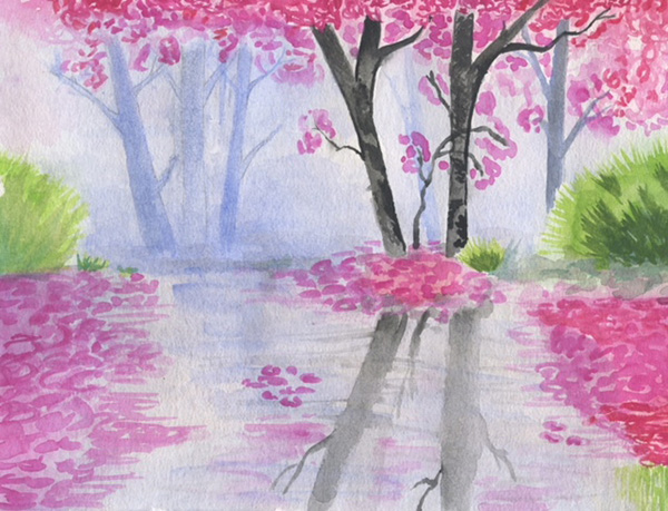 watercolor painting of forest in springtime