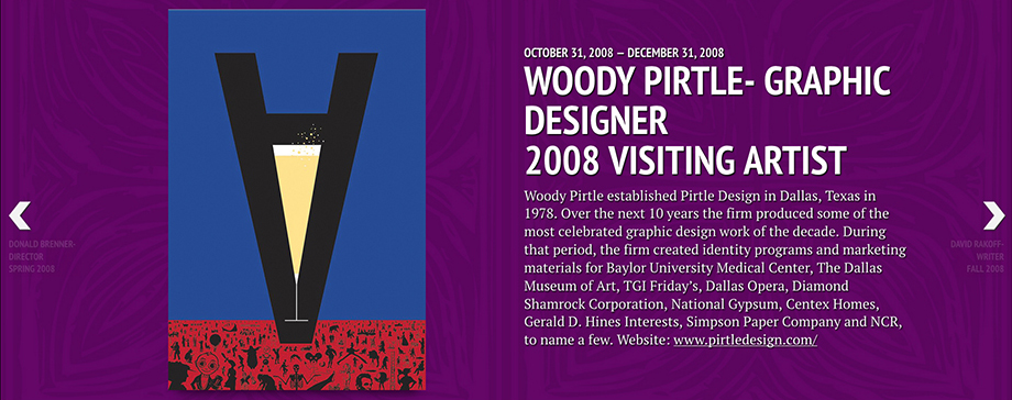 Screenshot of Arts Timeline Webpage featuring graphic of upside-down A with champagne flute by Graphic Designer Woody Pirtle