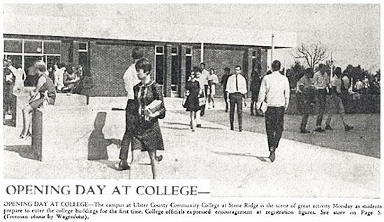 Black and white newspaper photo of Opening Day On New Stone Ridge Campusin 1967