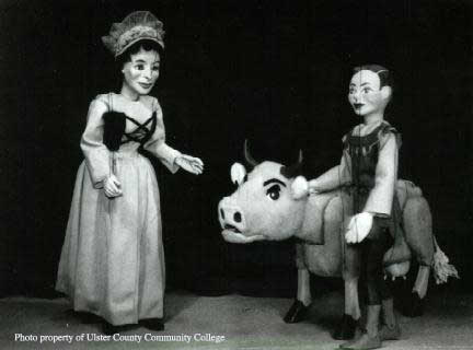 photo of Jack and the Beanstalk puppets: Jack, his mother, and Buttercup the cow