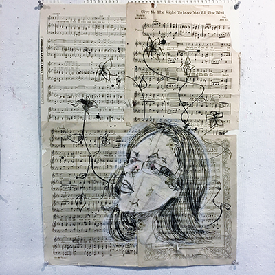 collage with music and drawing of flowers and woman's face