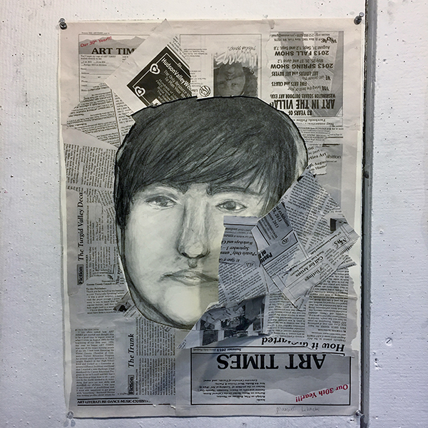 collage self-portrait with newspaper and face in shades of gray