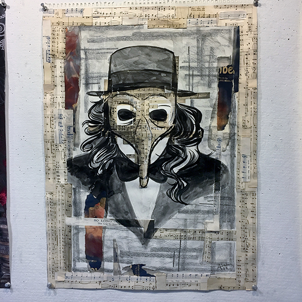 mixed media self portrait with masked face with hat