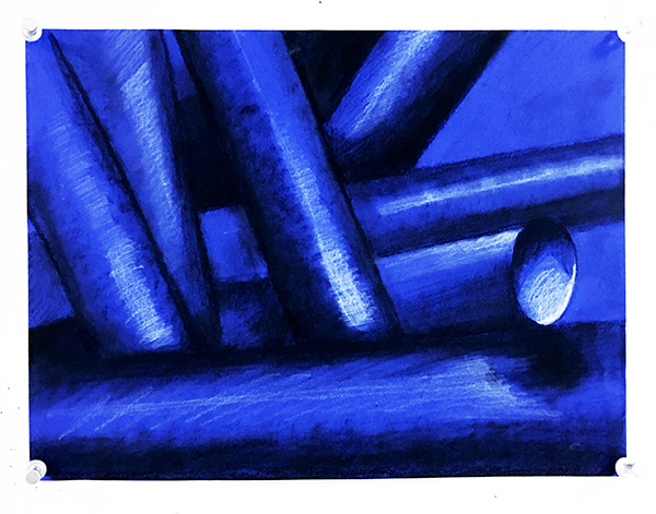 Black, white, blue drawing of tubes