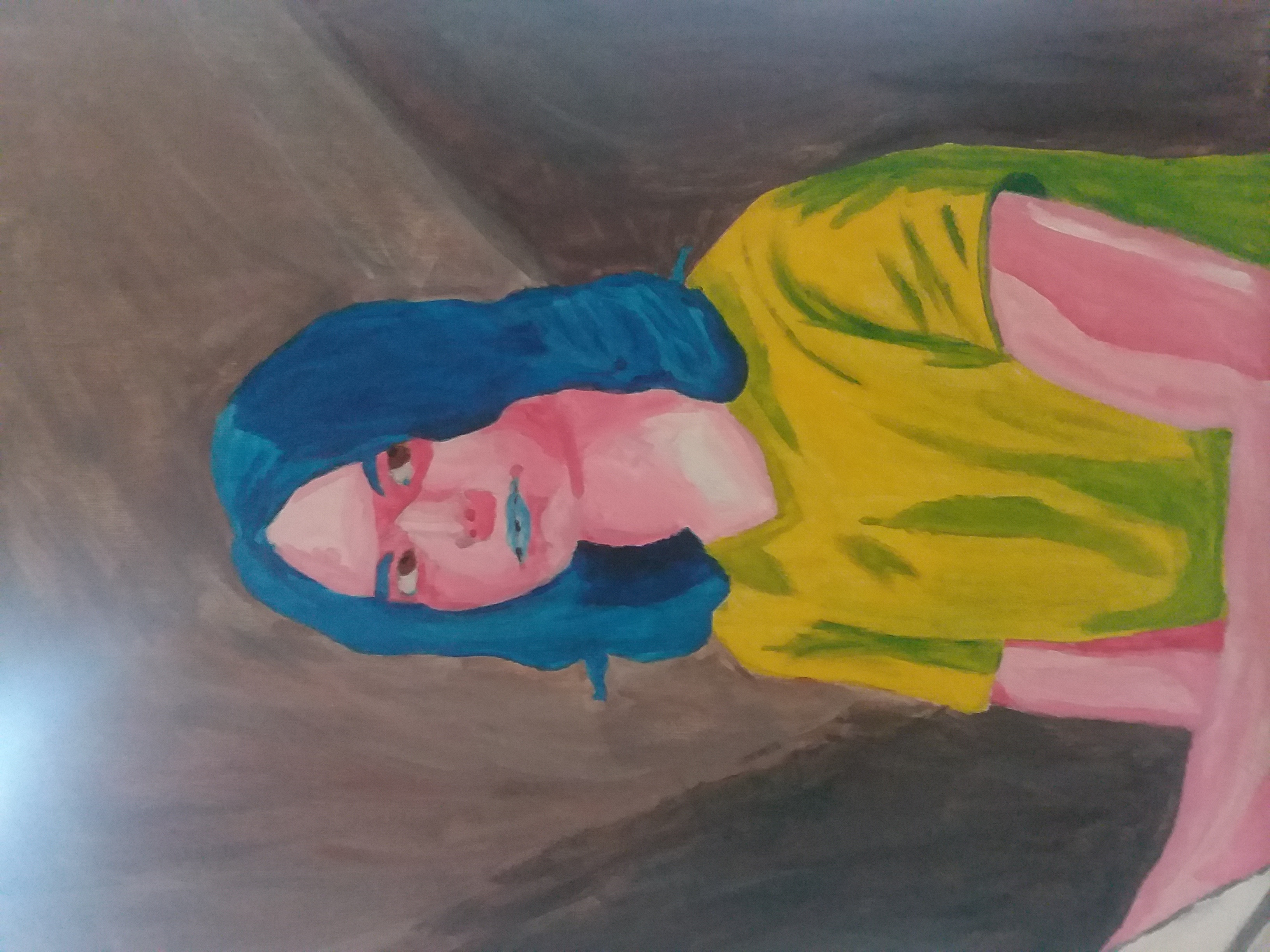 self portrait painting with long blue hair