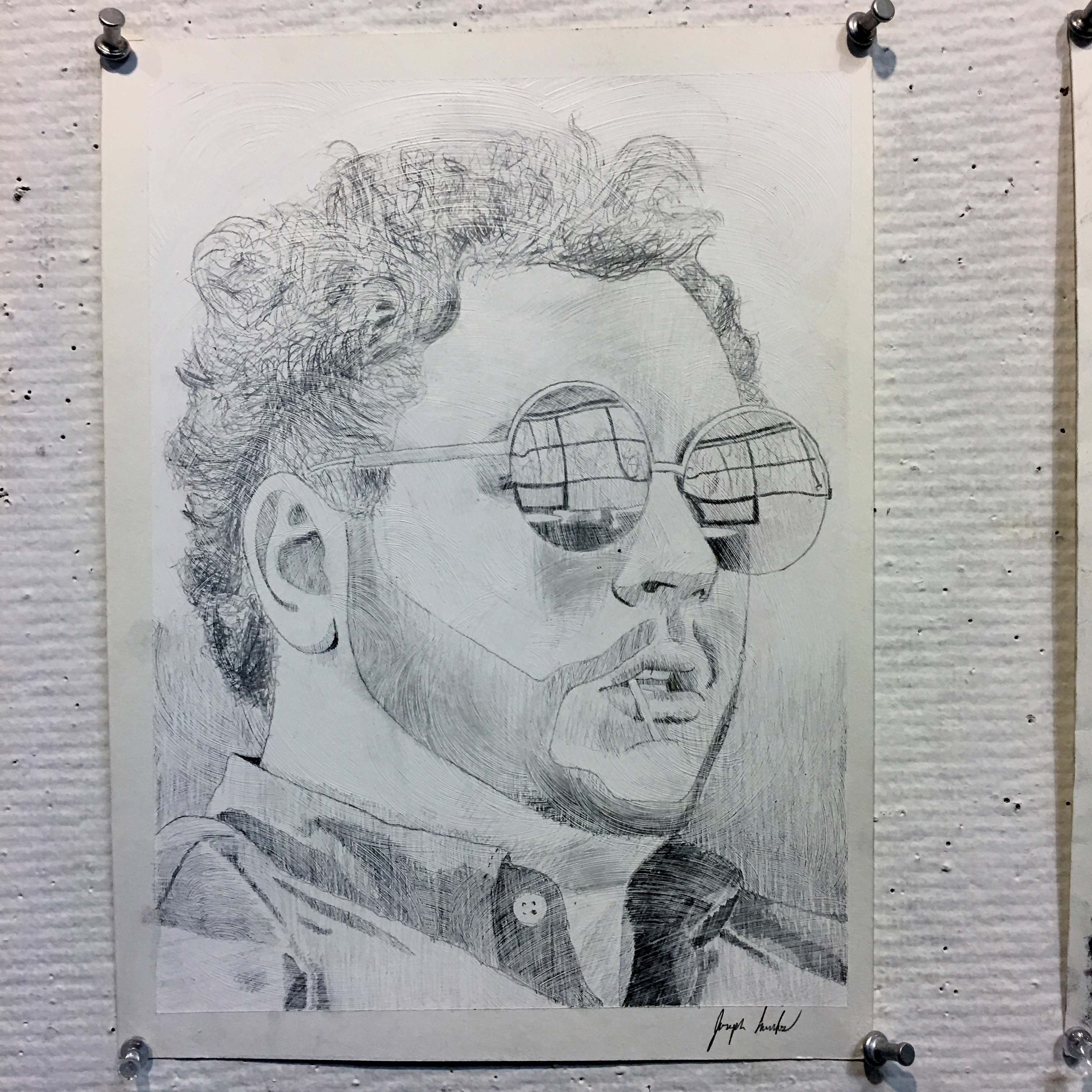 textured pencil drawing of man in shiny sunglasses