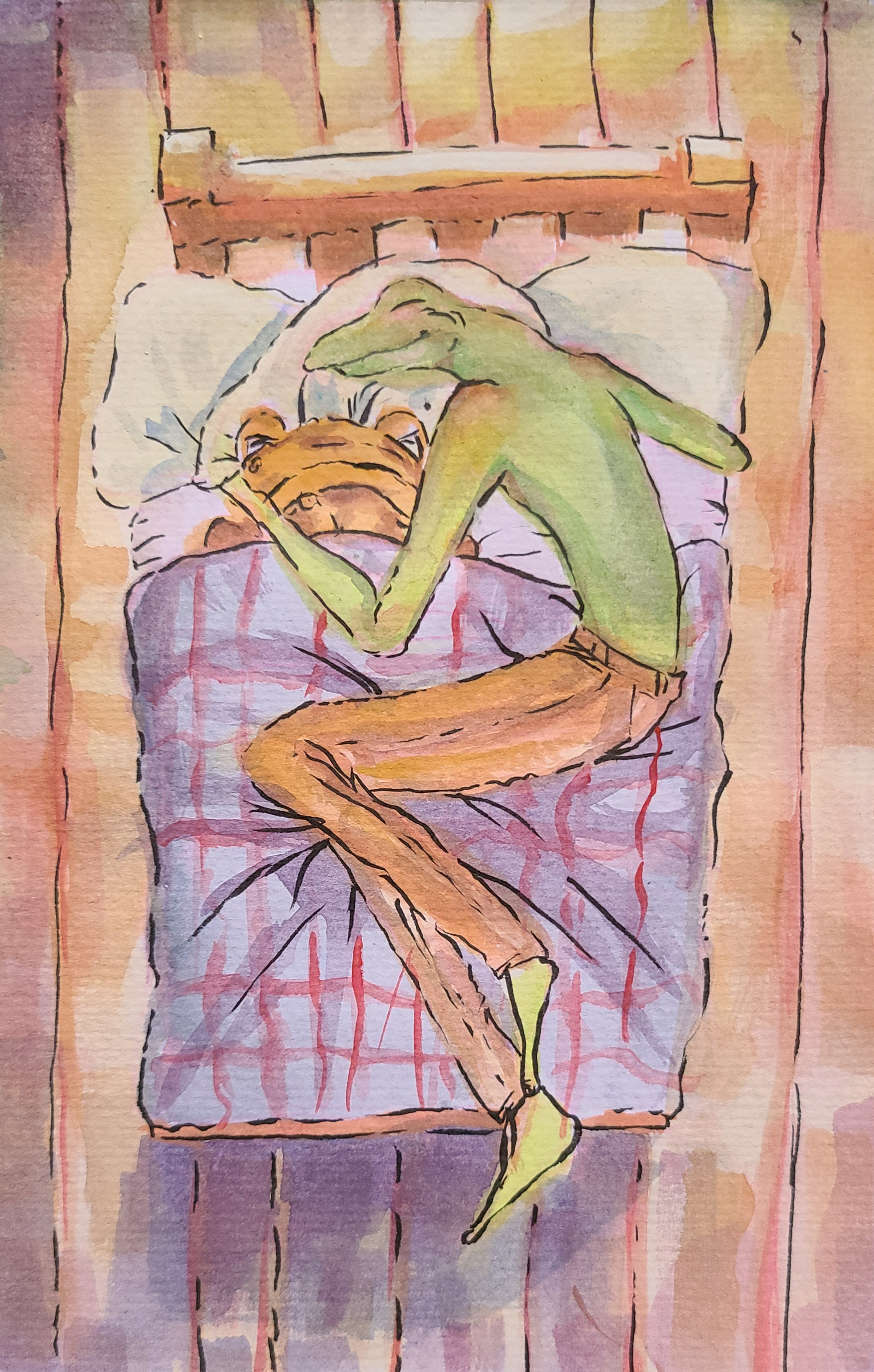 illustration of a frog and toad cuddling in bed
