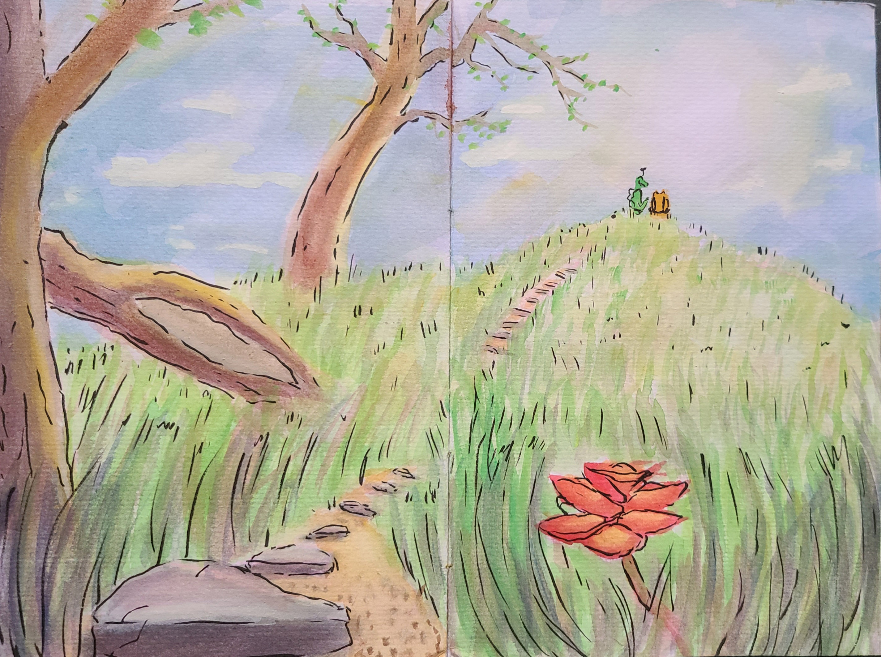 painting of springtime hill with small characters