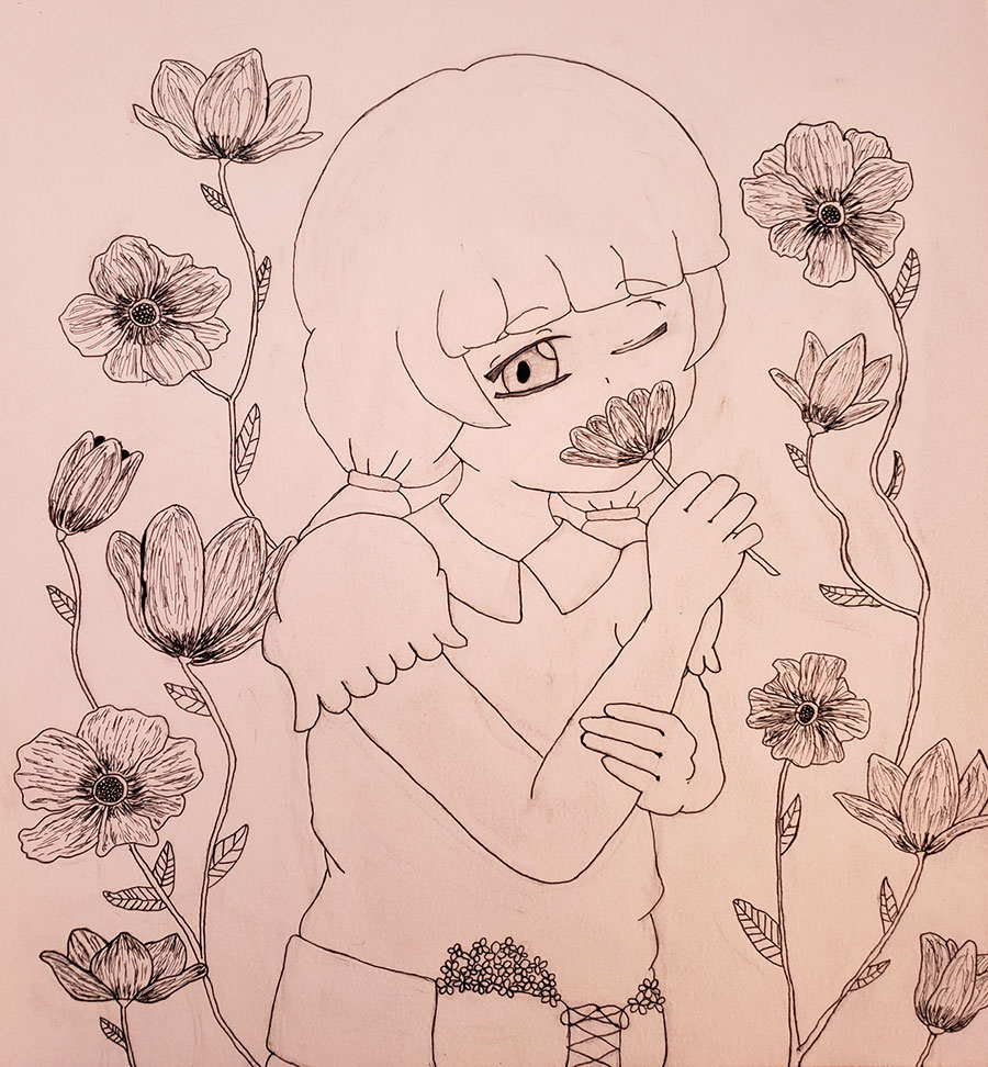 drawing of girl with flowers