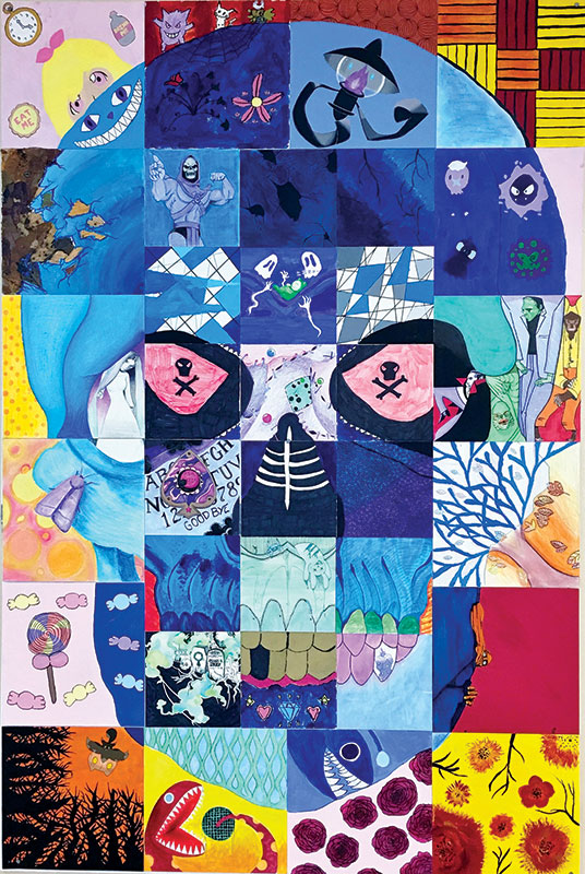patchwork of colorful squares comprising a skull