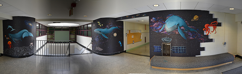 Whales in space Mural at SUNY Ulster